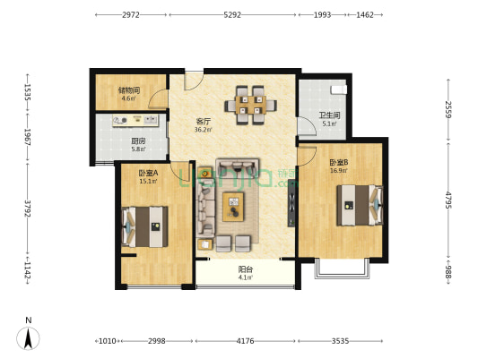 世纪飞马 2室1厅1卫 120平方