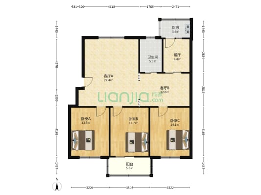 肥东粮食局宿舍 3室3厅1卫 118平方