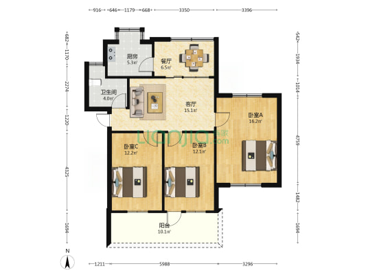 军休四中心 3室2厅1卫 86平方