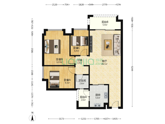 天贵雅苑D区 3室1厅1卫 92平方