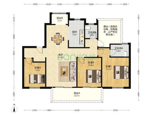 金浦御龙湾三期洋房 3室1厅2卫 124平方