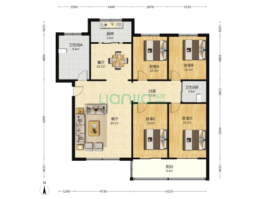 燕赵花园南北通透大四居，业主诚心出售-户型图