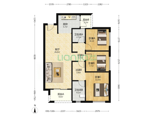 澜岸听溪 3室1厅2卫 95平方