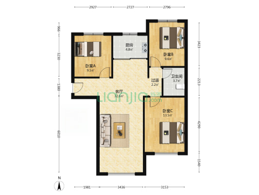 南北通透三居 满二 精装修 高楼层 看房方便-户型图