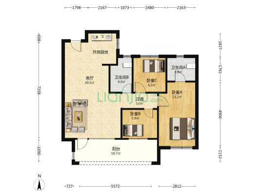 蔚蓝群岛五期泷樾 3室1厅2卫 108平方