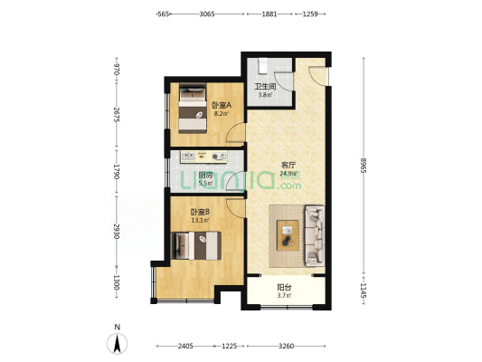 主卧转角窗2居 高楼层 有本 南面一栋楼-户型图