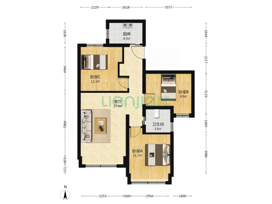 京贸国际公馆西区 3室1厅1卫 92平方