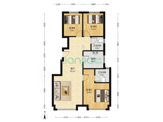 南北通透 双卫 户型方正  随时看房-户型图