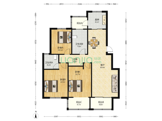 七里庙小区四区 3室1厅2卫 138平方