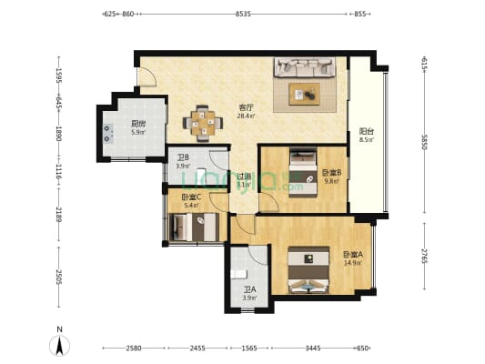 星河冠誉府 3室1厅2卫 102平方