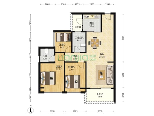 翔顺花园 3室1厅2卫 98平方