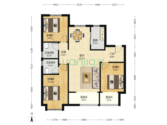 东原启城 3室1厅2卫 116平方