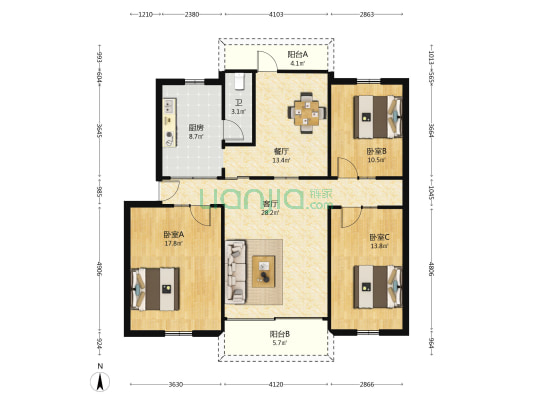 南美公司东区宿舍 3室2厅1卫 117平方