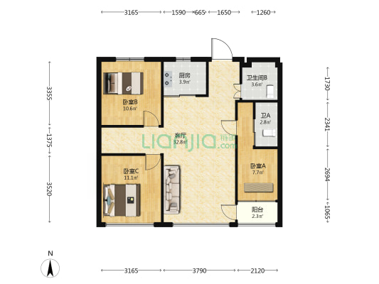 瑞豪商厦 3室1厅2卫 107平方