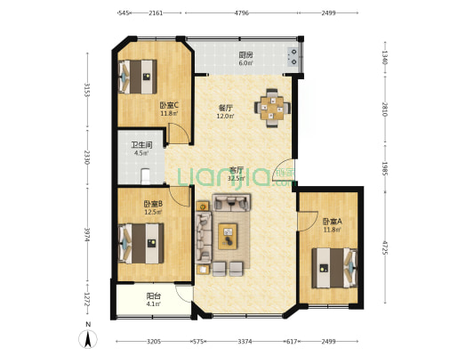 银河公寓 3室2厅1卫 112平方