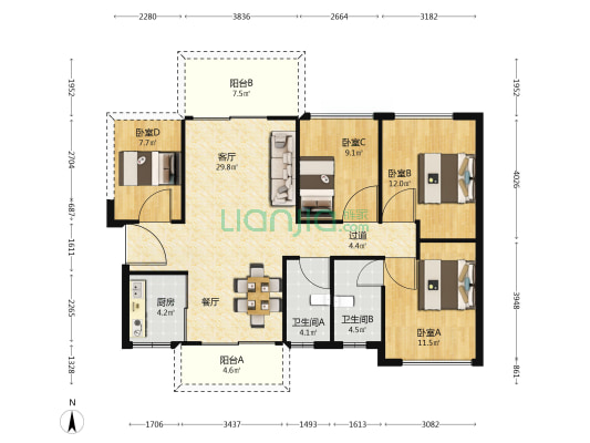 山水印象 4室1厅2卫 114平方