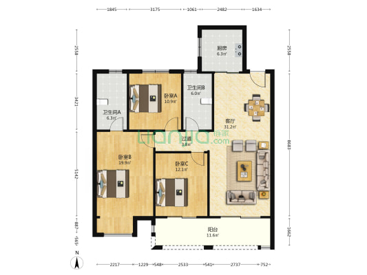 书香水岸雅苑 3室1厅2卫 137平方