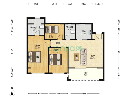 东方云境 3室1厅2卫 103平方