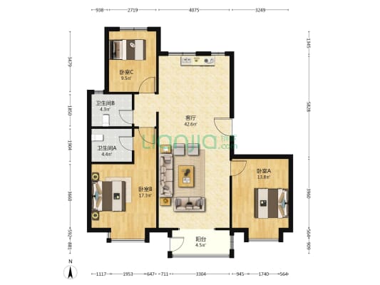 京和园 3室1厅2卫 129平方