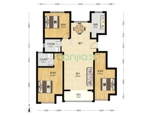 水岸佳苑B区 3室1厅2卫 123平方