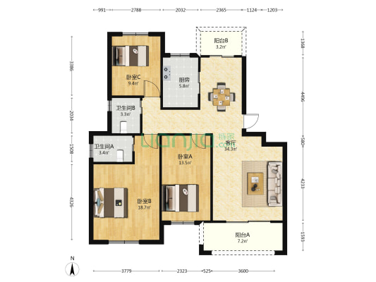 永安家苑 3室1厅2卫 122平方