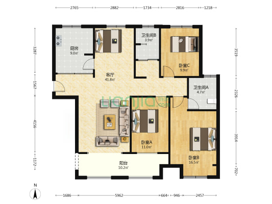 邓城新市民公寓 3室1厅2卫 140平方