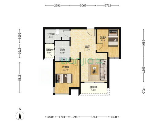 喜福里 2室1厅1卫 68平方