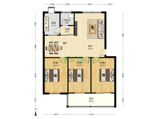 工人南路345号院 3室1厅1卫 113平方