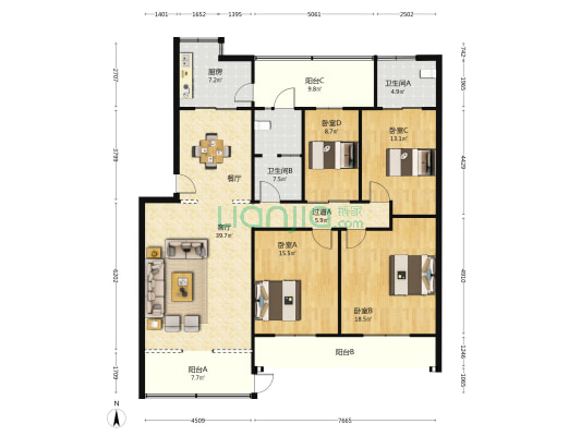 地税局宿舍楼小区 4室1厅2卫 154平方