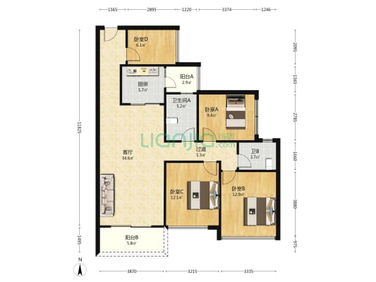 水岸香洲三期四期 4室1厅2卫 118平方