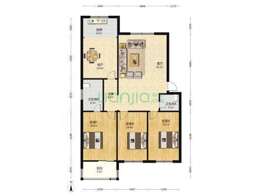 新科园 3室2厅2卫 148平方