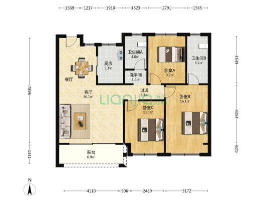 和萃澜庭 3室1厅3卫 111平方