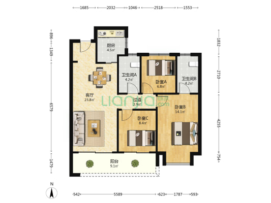 洪大新力合悦滨江 3室1厅2卫 104平方