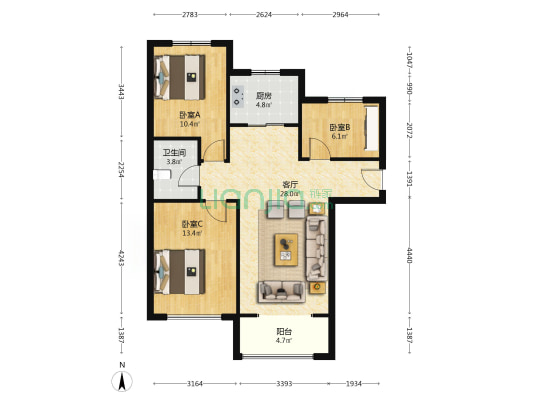 大金全屋空调 楼位好 采光足 狮子城北区南北通透三居-户型图