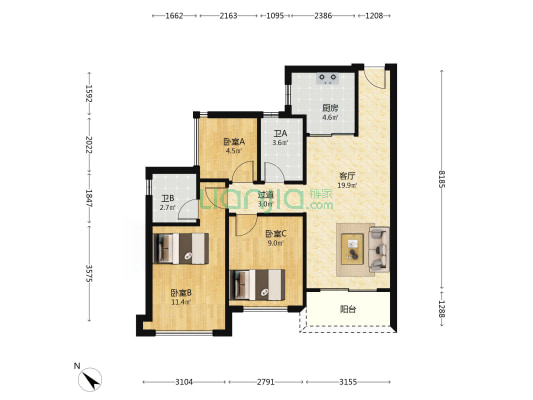 卓越蔚蓝星宸 3室1厅2卫 87平方