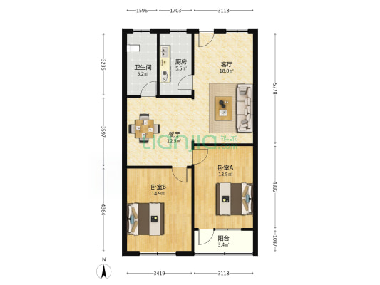 一建公司宿舍 2室2厅1卫 90平方