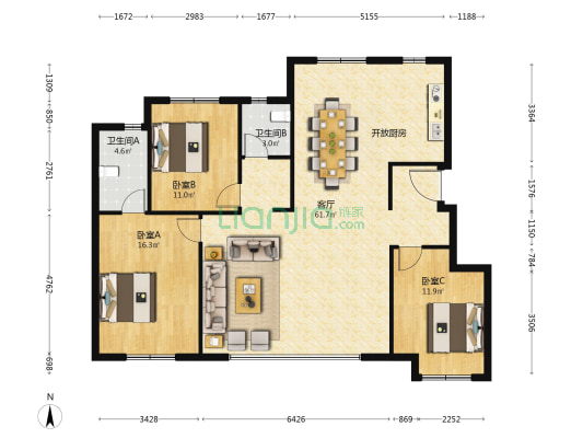 中央和府 3室1厅2卫 127平方