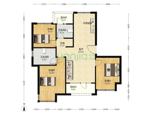 园林洋房社区 南北通透三居双卫 毛坯 看房方便-户型图