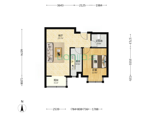 钻石东边两居室，中间好楼层，采光好-户型图