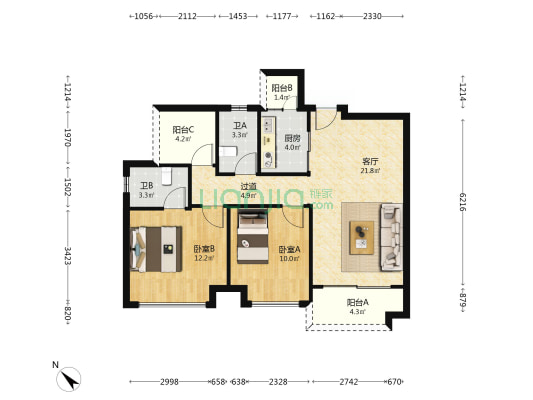 捷和广场三期水溋坊 2室1厅2卫 89平方