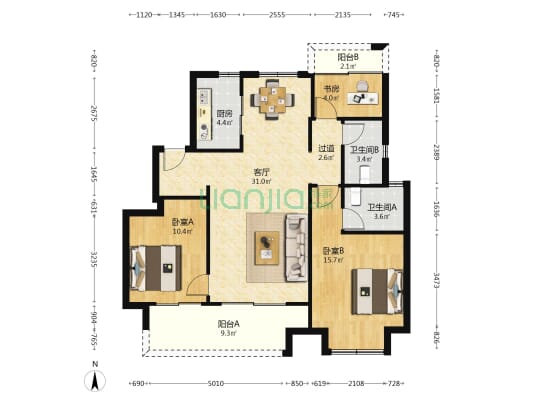 皓月苑 3室1厅2卫 107平方