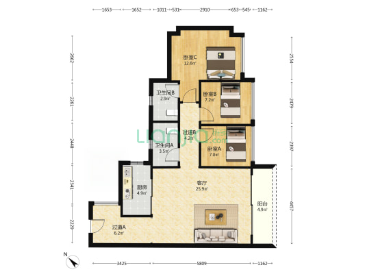 中海汇德里 3室1厅2卫 100平方