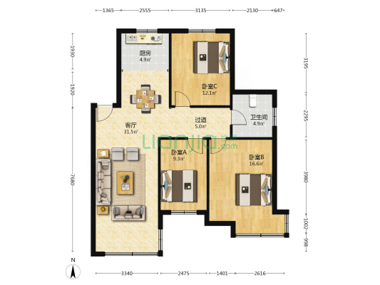 聚成苑 3室1厅1卫 103平方