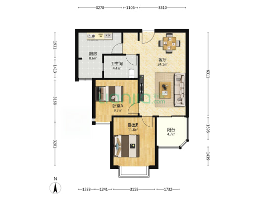 恒大翡翠华庭（三期） 2室1厅1卫 88平方