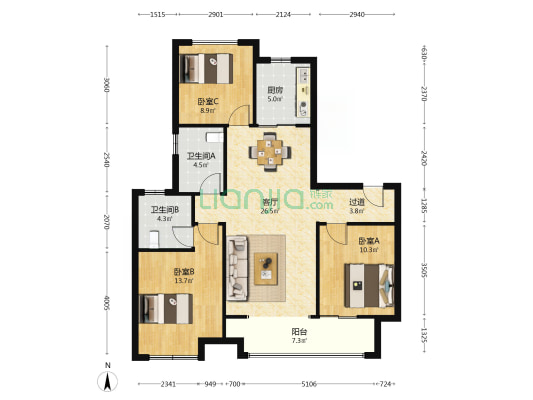 建发天玺 3室1厅2卫 118平方