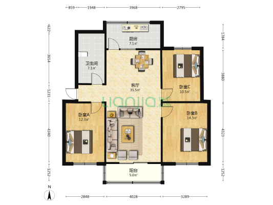 华源纺织金地小区 3室1厅1卫 109平方