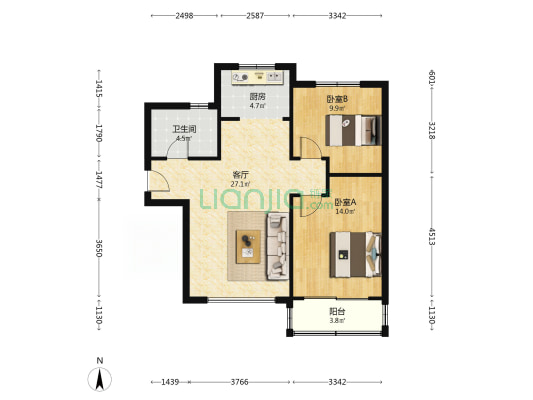 富海怡景花苑 2室1厅1卫 93平方