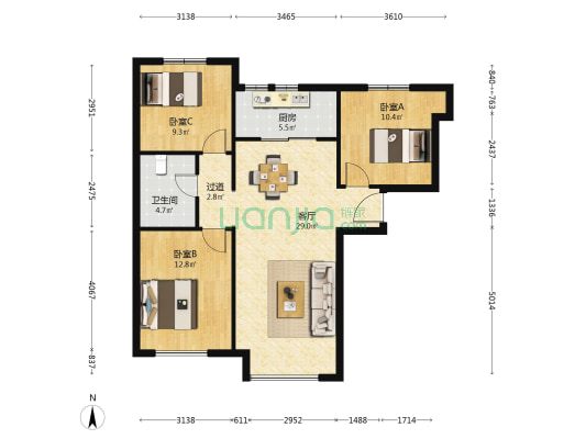 满二，南北通透，中高楼层，采光充足-户型图