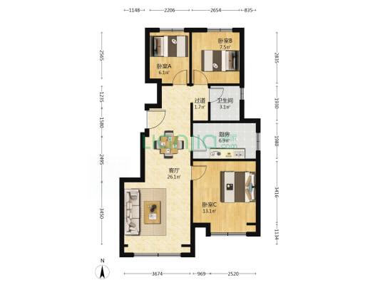 华远海蓝城 3室2厅 南 北-户型图