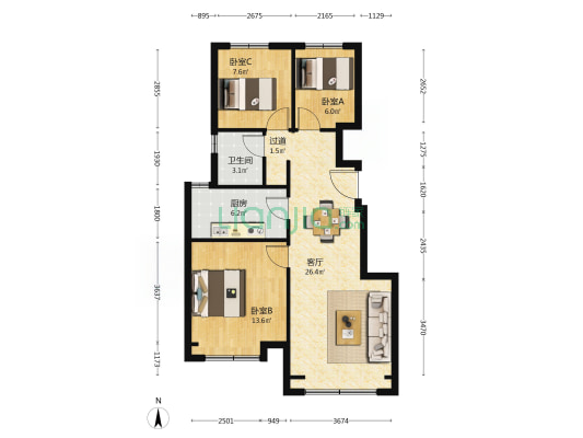 华远海蓝城 3室2厅 南 北-户型图